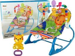 Šūpuļkrēsliņš un atpūtas krēsliņš 2v1 zilā krāsā ar tīģerīti, skaņām un vibrāciju