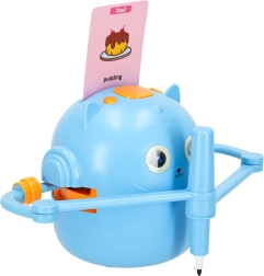 Interactive educational robot for learning drawing and writing, cards and markers, blue