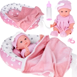 Auduma lelle–maziņš bēbītis ar rozā ligzdiņu un aksesuāriem