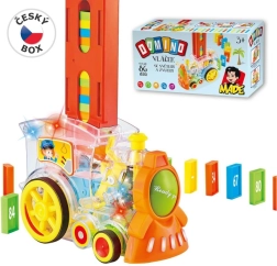 Caurspīdīga lokomotīve ar domino un gaismu bērniem