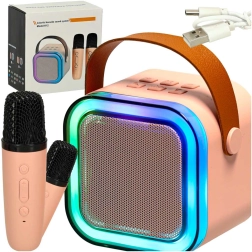 Karaokes komplekts ar Bluetooth skaļruni, 2 bezvadu mikrofoniem un LED apgaismojumu 6 W – rozā