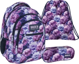 Skolas komplekts BackUP Violet Flowers 3v1 – mugursoma, penālis un maisiņš