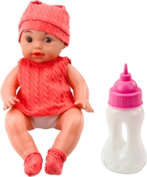 Auduma lelle ar pudelīti 30 cm, skaņas efekti, rozā apģērbs