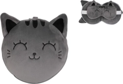 Travel pillow with mask gray cat