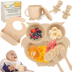 Silicone dining set for kids with owl motif, 8 pieces, beige