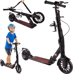 Scooter with disc brake, strap and bottle holder