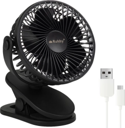 Ruhhy bezvadu galda ventilators ar USB‑C un klipsi — melns