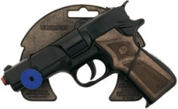 Policijas metāla pistole ar kapislām, melna, 8 šāvieni