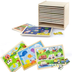 Koka puzles Viga – komplekts ar 12 rāmja puzlēm, katrā 24 detaļas, ar statīvu