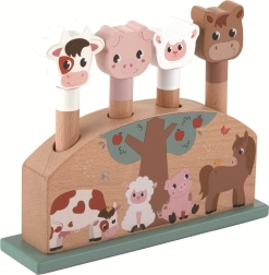 Izšaujamie lauku dzīvnieciņi – koka pop-up rotaļlieta pašiem mazākajiem