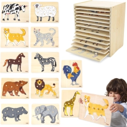 Viga Montessori koka puzļu komplekts ar 12 dzīvniekiem ar statīvu