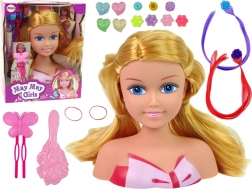 Frizēšanas lelles galva ar krellēm, sprādzēm un krāsainiem matu šķipsnām