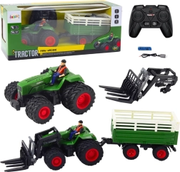 Tālvadības traktors ar piekabi un dakšām