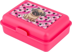 Rozā uzkodu kārba ar suņa ilustrāciju