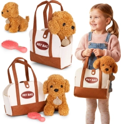 Plush dog in a bag with brush – brown poodle for kids