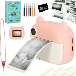 Bērnu momentfotoaparāts ar termodrukas printeri – rozā lācītis, 32 GB karte