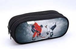 Pencil case with ice hockey motif, 2 zippers, gray