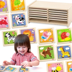 VIGA wooden puzzles with 12 boards in a stand