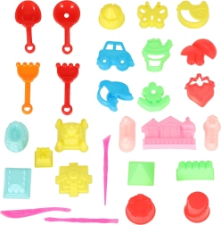 Bērnu smilšu komplekts – lāpstiņas, grābekļi un formiņas, 28 daļas