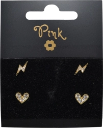 Gold-plated earring set with heart and lightning, 4 pcs