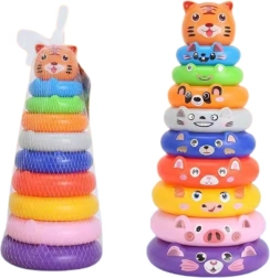 Krāsaina salikta piramīda ar riņķiem un dzīvnieku uzlīmēm – tīģeris