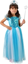 Meiteņu princeses kostīms – zilā kleita, izmērs M (6–8 gadi)