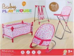 Leļļu komplekts 4-vienā ar gultiņu, šūpuli, atpūtas krēsliņu un barošanas krēsliņu