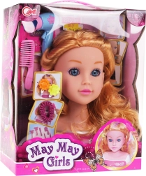 Frizēšanas galva ar blondiem matiem un piederumiem