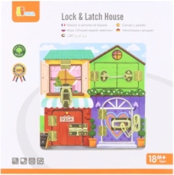 Wooden Montessori house-shaped busy board with locks and latches