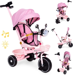 Pink children's tricycle stroller with rotating seat and steering push bar ecotoys