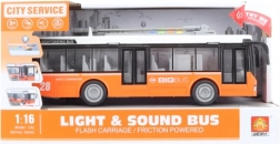 Oranžs spēlējošs un spīdošs trolejbuss ar baterijām