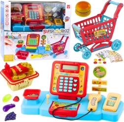 Children's play set: cash register, basket and groceries with effects