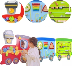 Koka sienas manipulatīvā tāfele vilciena formā VIGA