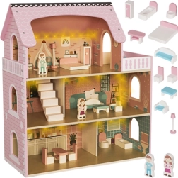 Koka leļļu māja ar LED apgaismojumu un mēbelēm KRUZZEL