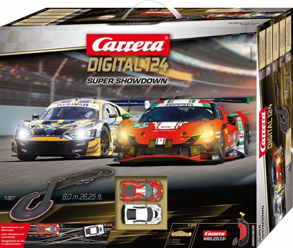 Carrera Digital 124 Super Showdown slot car set 8 m with Ferrari 296 GT3 and Audi R8 LMS GT3