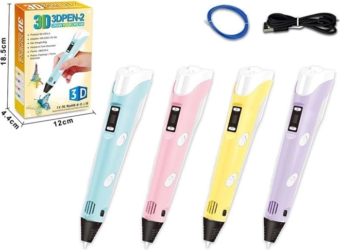 Pēro 3D ar filamentu un USB kabeli
