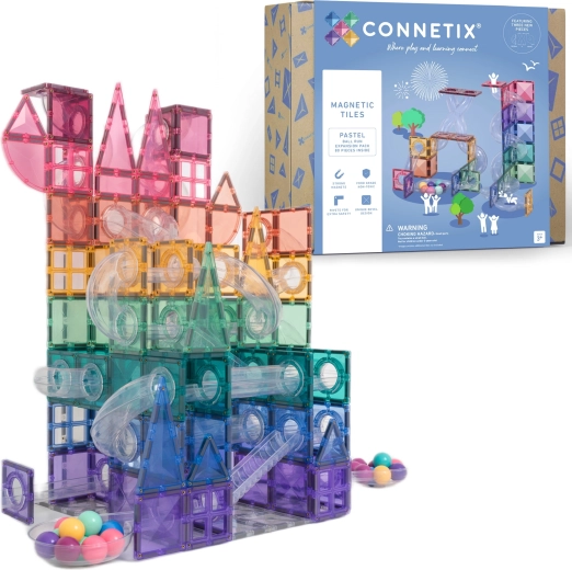 Pastelkrāsu bumbiņu trases paplašināšanas komplekts CONNETIX, magnētiskais konstruktors, 80 detaļas