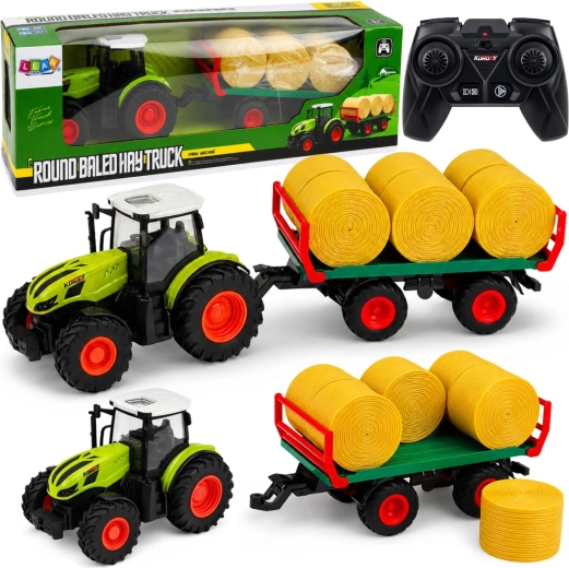 RC lauksaimniecības traktors ar piekabi un siena ruļļiem 1:24