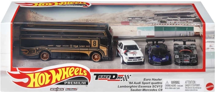 Hot Wheels premium komplekts: 3 rotaļauto modeļi ar komandas vilcēju