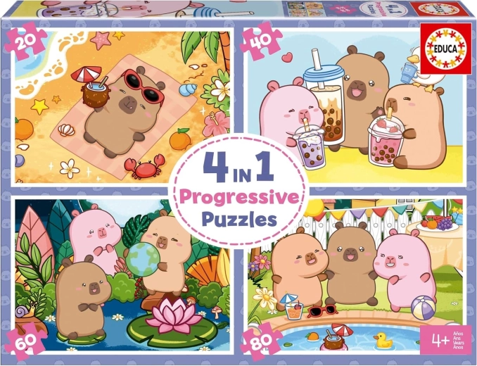 Educa puzzle CapyFun 4 vienā – progresīvas bērnu puzles (20, 40, 60, 80 detaļas)