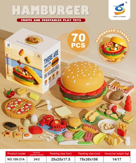 Bērnu ātrās ēdināšanas komplekts hamburgerā ar 70 piederumiem