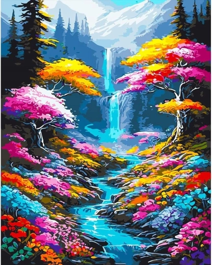 Dimanta gleznošana Ūdenskritums un upe mežā 30 × 40 cm NORIMPEX