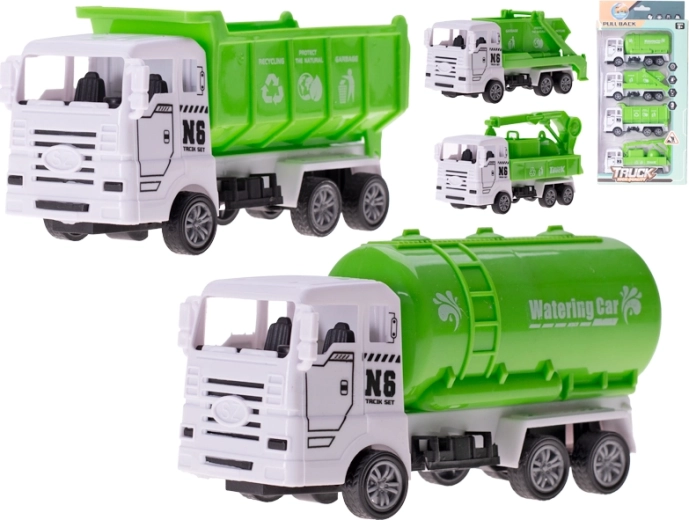 Atkritumu savākšanas auto komplekts ar atvilkšanas mehānismu 13 cm, 4 gab.