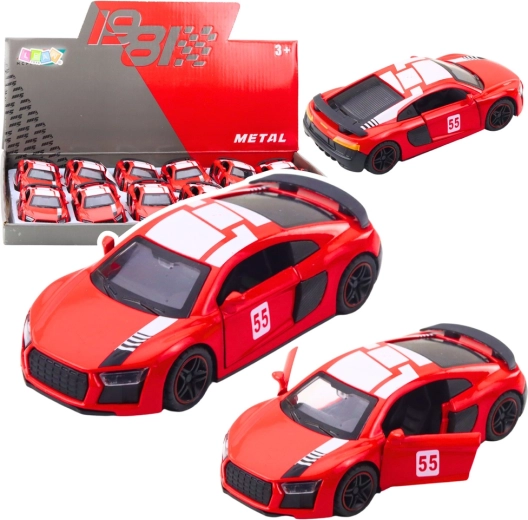 Metāla sporta automašīnas modelis 1:43 ar pull back piedziņu, atveramām durvīm un gaismu – sarkans