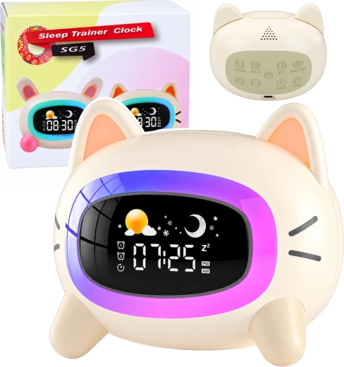 Children's cat alarm clock with night light and sleep trainer