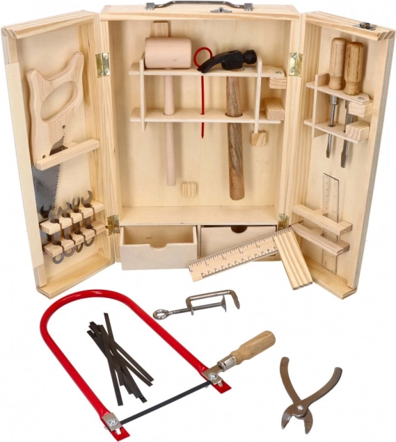Koka komplekts ar metāla instrumentiem kastē
