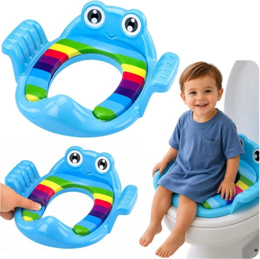 Children's toilet seat reducer with soft padding and handles, blue