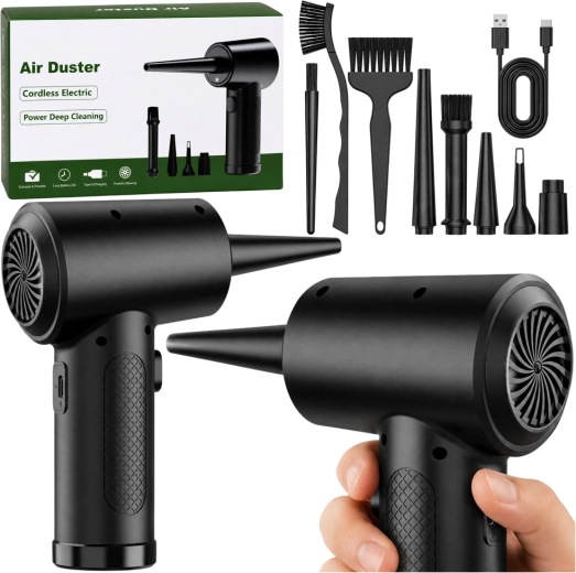 Elektriskā putekļu pūšanas pistole (air duster) ar USB‑C un uzgaļu un birstīšu komplektu