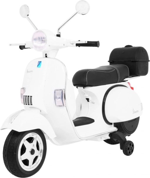 Bērnu elektriskais skrejritenis Vespa baltā krāsā ar palīgritenīšiem, audio un eko ādu