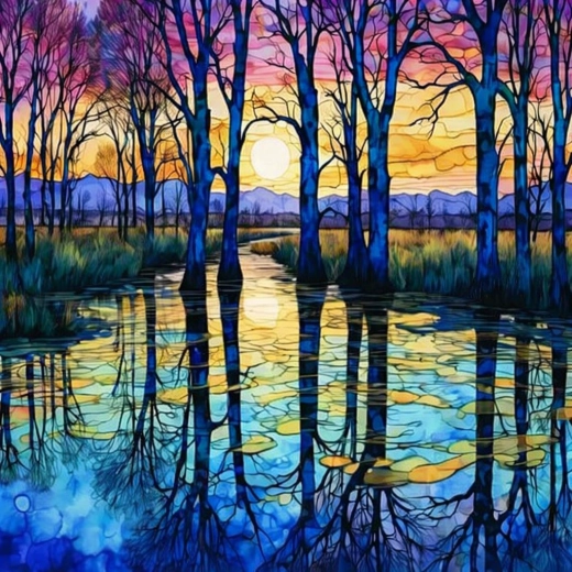 Dimanta gleznošana “Bērzi pie ezera” 30 × 40 cm